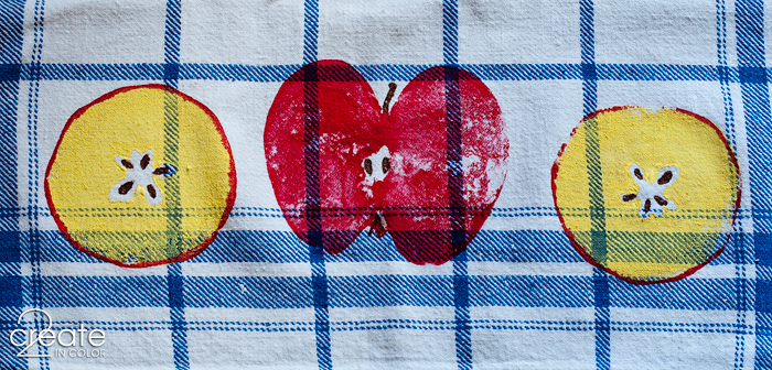 Apple stamping on tea towel | 2createincolor.com